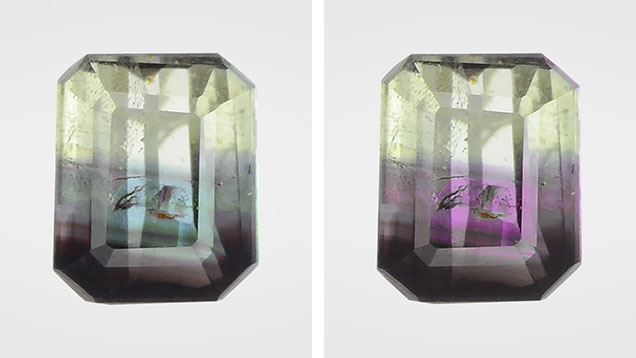 Figure 1. This 0.73 ct octagonal step cut was composed of chrysoberyl and alexandrite. The alexandrite portion showed a color change from blue-green in fluorescent light to red-purple in incandescent light. Photos by Shunsuke Nagai. Figure 1. This 0.73 ct octagonal step cut was composed of chrysoberyl and alexandrite. The alexandrite portion showed a color change from blue-green in fluorescent light to red-purple in incandescent light. Photos by Shunsuke Nagai.