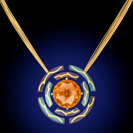 Zoltan David’s “Time” pendant features citrine, iridescent steel, and 24K gold inlay. Zoltan David’s “Time” pendant features citrine, iridescent steel, and 24K gold inlay.