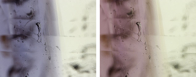 Figure 2. Two-phase fluid inclusions in the bicolor chrysoberyl. Photomicrographs by Hikaru Sato; field of view 2.00 mm. Figure 2. Two-phase fluid inclusions in the bicolor chrysoberyl. Photomicrographs by Hikaru Sato; field of view 2.00 mm.