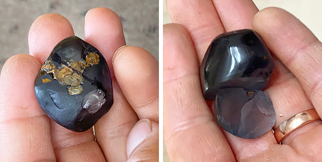 Large gray spinel before and after cutting. Large gray spinel before and after cutting.