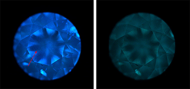 Blue fluorescence and moderate blue-green phosphorescence seen with the DiamondView. Blue fluorescence and moderate blue-green phosphorescence seen with the DiamondView.