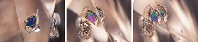 Iridescent colors of the ferropericlase inclusion. Iridescent colors of the ferropericlase inclusion.