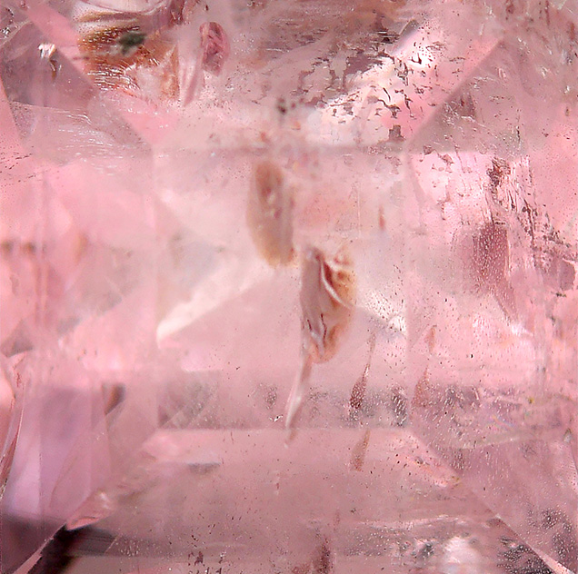 An exceptional pink zektzerite, cut as a square modified step cut, measuring 8.08 × 7.39 × 6.89 mm and weighing 2.95 ct. Photo by Diego Sanchez.