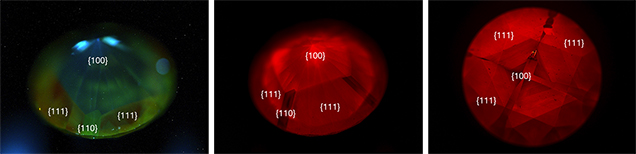 DiamondView images of Fancy red and Fancy Vivid yellowish green synthetic diamonds DiamondView images of Fancy red and Fancy Vivid yellowish green synthetic diamonds