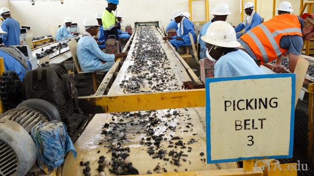 Workers line both sides of a conveyer belt to sort emerald rough that passes by them. Workers line both sides of a conveyer belt to sort emerald rough that passes by them.