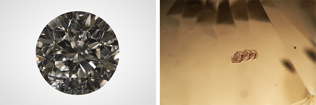Round brilliant diamond and a photomicrograph of its largest corundum inclusion. Round brilliant diamond and a photomicrograph of its largest corundum inclusion.