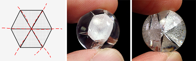 The imitation phantom crystal shows six fractures along ridgelines.