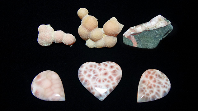 Pink natrolite in rough and polished form.