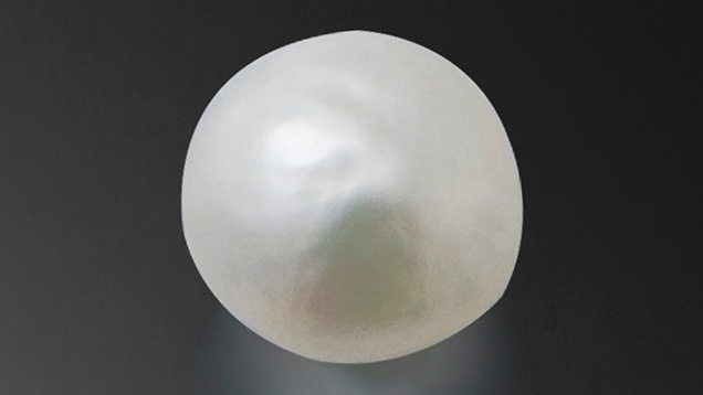 Figure 1. This 1.27 ct white semi-baroque pearl exhibited a typical platy structure when examined under magnification. Photo by Lhapsin Nillapat. Figure 1. This 1.27 ct white semi-baroque pearl exhibited a typical platy structure when examined under magnification. Photo by Lhapsin Nillapat.