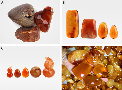 A variety of amber material showing effects of irradiation treatment. A variety of amber material showing effects of irradiation treatment.