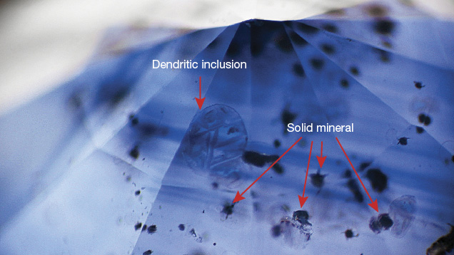 Color zoning and mineral inclusions in a blue sapphire. Color zoning and mineral inclusions in a blue sapphire.
