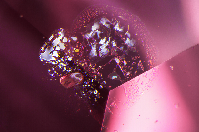An orange crystal with decrepitation halos and fluid films. An orange crystal with decrepitation halos and fluid films.