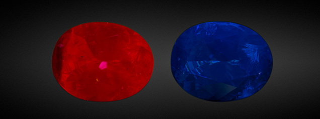 Orange benitoite under long-wave (left) and short-wave (right) UV light. Orange benitoite under long-wave (left) and short-wave (right) UV light.