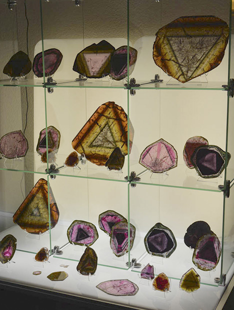 Liddicoatite tourmaline slices with colorful growth zoning Liddicoatite tourmaline slices with colorful growth zoning
