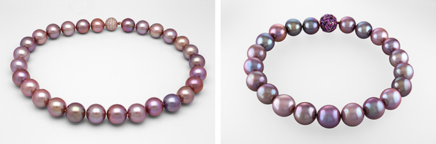 Figure 1. These two necklaces consisting of large freshwater cultured pearls displayed strong hues with orient. Photos by Sood Oil (Judy) Chia; courtesy of Yvel. Figure 1. These two necklaces consisting of large freshwater cultured pearls displayed strong hues with orient. Photos by Sood Oil (Judy) Chia; courtesy of Yvel.