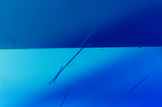 Lath-like grandidierite mineral inclusion in sapphire. Lath-like grandidierite mineral inclusion in sapphire.