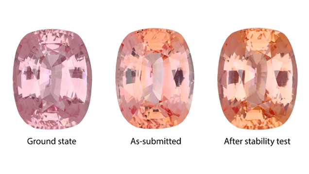 A padparadscha sapphire (3.54 ct) submitted to the GIA laboratory increased its orange color during the color stability test. If left in the dark for an extended period of time, the color could become less orange or even go to straight pink. This can be replicated by exposing the sapphire to intense LED illumination. This stone would be characterized as a padparadscha sapphire because the pink-orange color after the stability test is acceptable. Photos by Diego Sanchez.