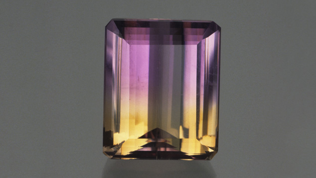 Rectangular cuts show off ametrine’s unique appearance. Photo by Robert Weldon/GIA, courtesy Cynthia Renee Co.