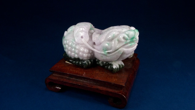 Jadeite "Peiyao". This jadeite "Peiyao" (Chinese Fu dog) represent mythological creatures that guard and protect celestial palaces and entrances. - Gift of Sophie Leu