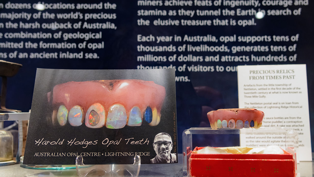 DSC_1098_185771-1280x720.jpg. At the Australian Opal Centre in Lightning Ridge we discovered the opal teeth that were proudly displayed by the late Harold Hodges, an eccentric and passionate figure in opal history. Photo by Andrew Lucas/GIA.