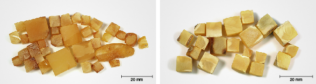 Semi-finished amber before and after hydrothermal treatment Semi-finished amber before and after hydrothermal treatment
