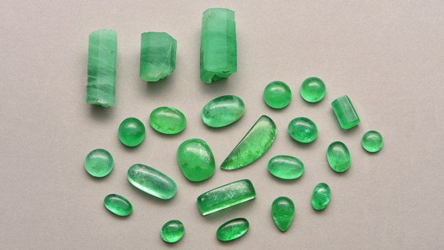 Gem-quality rough and polished emeralds from Malipo, China Gem-quality rough and polished emeralds from Malipo, China