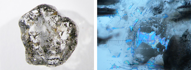 A polished diamond slice with healed fractures and fluid inclusions. A polished diamond slice with healed fractures and fluid inclusions.