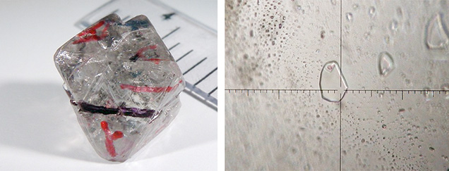 An octahedral diamond crystal with silicate melt inclusions in healed fractures. An octahedral diamond crystal with silicate melt inclusions in healed fractures.