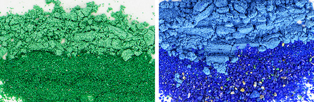 The different saturations of green and blue achieved using various particle sizes of malachite and azurite. The different saturations of green and blue achieved using various particle sizes of malachite and azurite.