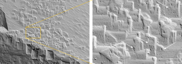Figure 11. Left: SEM image of dissolution features on the transition from prismatic face (lower part, with rectangular F-type etch pits) to pyramidal face (upper right), with the formation of triangular hillocks. Right: Small etch pits (indicated by arrows) formed parallel to the larger F-type etch pits on the prismatic face. Figure 11. Left: SEM image of dissolution features on the transition from prismatic face (lower part, with rectangular F-type etch pits) to pyramidal face (upper right), with the formation of triangular hillocks. Right: Small etch pits (indicated by arrows) formed parallel to the larger F-type etch pits on the prismatic face.