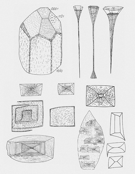 Figure 5. Crystal drawings, reproduced from Bartoshinskiy et al. (1969), showing the typical crystal habit with Miller indices of the common faces (top left), spectacular long funnel-shaped etch pits (ending in thin tubes) on the pinacoidal face (top right) and the typical P-type and F-type etch pits on the first-order prismatic face. The outline can be symmetrical or asymmetrical, and F-types can overlap each other. No scale was given in the original publication. Figure 5. Crystal drawings, reproduced from Bartoshinskiy et al. (1969), showing the typical crystal habit with Miller indices of the common faces (top left), spectacular long funnel-shaped etch pits (ending in thin tubes) on the pinacoidal face (top right) and the typical P-type and F-type etch pits on the first-order prismatic face. The outline can be symmetrical or asymmetrical, and F-types can overlap each other. No scale was given in the original publication.