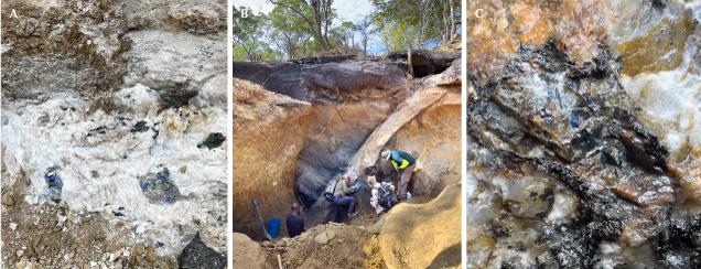 Figure 2. A: Large grayish blue sapphire crystals (about 5 cm) in white feldspar. B: Geologists check a sapphire-rich pegmatite in an artisanal mining excavation near Matepwende. C: A small deep blue facet-grade sapphire fragment within a heavily fractured sapphire crystal associated with (whitish) feldspar and (dark) mica. Photos by Vincent Pardieu. Figure 2. A: Large grayish blue sapphire crystals (about 5 cm) in white feldspar. B: Geologists check a sapphire-rich pegmatite in an artisanal mining excavation near Matepwende. C: A small deep blue facet-grade sapphire fragment within a heavily fractured sapphire crystal associated with (whitish) feldspar and (dark) mica. Photos by Vincent Pardieu.