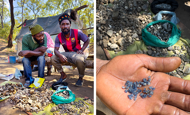Figure 3. Left: Two miners with kilos of sapphire rough. Right: The result of their work after breaking the heavily fractured sapphires into attractive parcels of small sapphire. Photos by Vincent Pardieu. Figure 3. Left: Two miners with kilos of sapphire rough. Right: The result of their work after breaking the heavily fractured sapphires into attractive parcels of small sapphire. Photos by Vincent Pardieu.