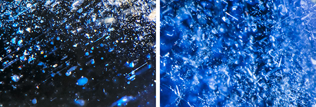 Figure 5. Platelet-type inclusions (left) and reflective silk (right) in the Matepwende sapphires with a magmatic-type UV-Vis-NIR spectrum. Photomicrographs by Aaron Palke; fields of view 1.58 mm (left) and 1.26 mm (right). Figure 5. Platelet-type inclusions (left) and reflective silk (right) in the Matepwende sapphires with a magmatic-type UV-Vis-NIR spectrum. Photomicrographs by Aaron Palke; fields of view 1.58 mm (left) and 1.26 mm (right).