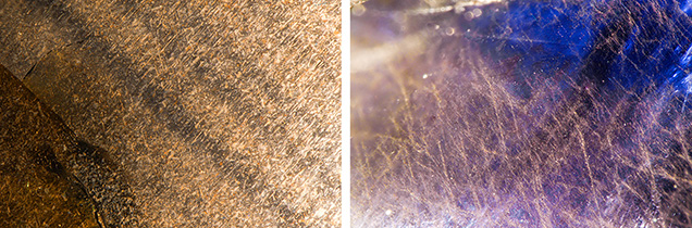Figure 6. Bronzy reflective silk in dense linear bands (left) and as stringers (right) in the Matepwende sapphires with a nonclassical-type UV-Vis-NIR spectrum. Photomicrographs by Aaron Palke; fields of view 1.99 mm (left) and 2.90 mm (right). Figure 6. Bronzy reflective silk in dense linear bands (left) and as stringers (right) in the Matepwende sapphires with a nonclassical-type UV-Vis-NIR spectrum. Photomicrographs by Aaron Palke; fields of view 1.99 mm (left) and 2.90 mm (right).
