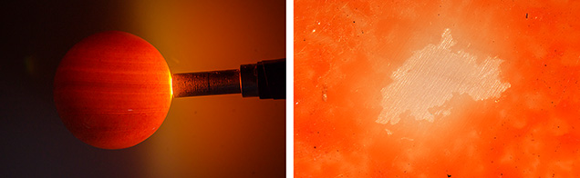 Figure 4. Left: A “banding test,” performed using strong transmitted lighting to reveal banding, indicated the item was fashioned from shell. Photo by Nuttapol Kitdee. Right: The underlying white surface was exposed in one polished area. Photomicrograph by Ravenya Atchalak; field of view 3.60 mm. Figure 4. Left: A “banding test,” performed using strong transmitted lighting to reveal banding, indicated the item was fashioned from shell. Photo by Nuttapol Kitdee. Right: The underlying white surface was exposed in one polished area. Photomicrograph by Ravenya Atchalak; field of view 3.60 mm.