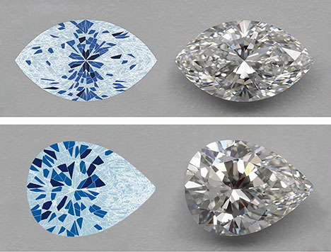 Figure 4. Virtual facet maps of marquise RD197 and pear RD125 are displayed next to virtual images of the stones they represent. In these maps, color is used to classify the size of virtual facets, from small to large: light blue (0.10 mm). These examples demonstrate how the virtual facet maps condense the dynamic face-up appearance of a diamond into a static distribution map.