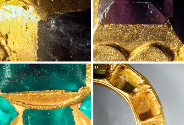 Figure 4. Details of the setting styles in the amethyst and emerald ring (A and B) and the emerald pendant (C and D). Photomicrographs by Aaron Palke; fields of view 4.79 mm (A), 7.19 mm (B), 10.00 mm (C), and 19.27 mm (D). Figure 4. Details of the setting styles in the amethyst and emerald ring (A and B) and the emerald pendant (C and D). Photomicrographs by Aaron Palke; fields of view 4.79 mm (A), 7.19 mm (B), 10.00 mm (C), and 19.27 mm (D).