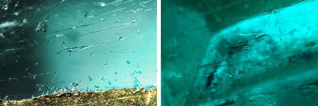 Figure 5. Inclusions in two emeralds from the pendant shown in figure 2. The jagged three-phase inclusions support a Colombian origin. Photomicrographs by Aaron Palke; fields of view 1.76 mm (left) and 1.99 mm (right). Figure 5. Inclusions in two emeralds from the pendant shown in figure 2. The jagged three-phase inclusions support a Colombian origin. Photomicrographs by Aaron Palke; fields of view 1.76 mm (left) and 1.99 mm (right).