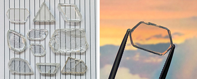 Figure 2. Left: Transparent plate-shaped rough diamonds ranging from 0.99 to 9.67 ct. Ruled lines have 2.8 mm spacing. Right: The top left specimen (2.22 ct) against the sky. Photos by Evan M. Smith.