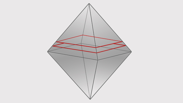 An octahedral crystal illustrating a lower plane and higher plane An octahedral crystal illustrating a lower plane and higher plane