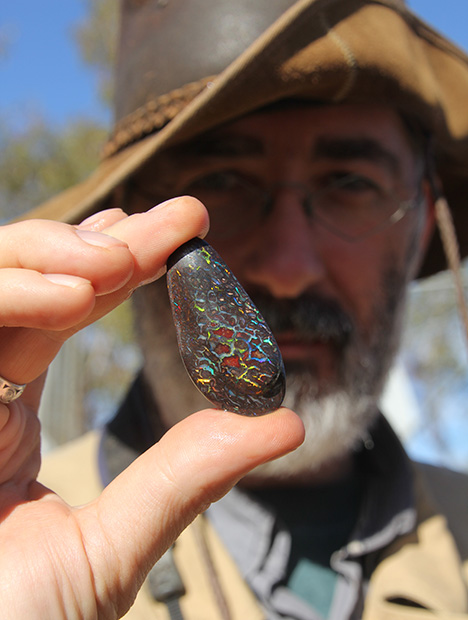 Koroit Boulder Opal. Vincent Pardieu（文森特·珀杜）展示了 Koroit（科洛特）砾岩蛋白石的一个典型例子。 摄影：Victoria Raynaud（维多利亚·雷诺）/GIA。