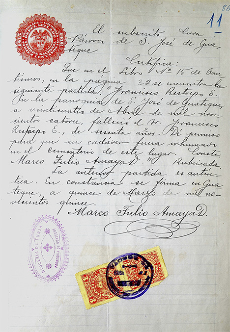Francisco Restrepo’s death certificate Francisco Restrepo’s death certificate