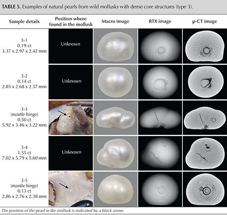 Table displaying examples of natural pearls from wild mollusks, including macro images, RTX images, and μ-CT images. Table displaying examples of natural pearls from wild mollusks, including macro images, RTX images, and μ-CT images.