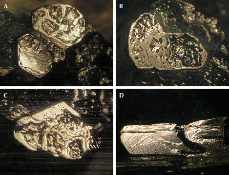 Figure 13. A–C: The stepped micro-texture of emeralds with incompletely developed basal planes shows stacked layers parallel to the c-axis. D: Growth steps on the m prism face of one of the crystals in figure 12B. Shown here are sample 12 (A and D) and sample 13 (B and C). Photos by K. Schmetzer; fields of view 11.5 mm (A), 7.6 mm (B and C), and 4.6 mm (D).