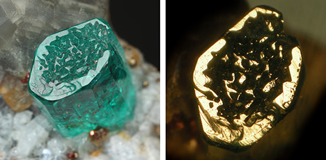 Figure 14. Left: Sample 14 (6.0 mm in largest diameter), a crystal with an almost continuous rim surrounding growth areas ending in small basal faces, but at a different height along the c-axis compared to the horizontal surface of the rim. Right: Reflective areas of the rim and the small columns inside this rim ending in tiny crystal faces parallel to the basal pinacoid. Photos by G. Martayan (left) and K. Schmetzer (right).