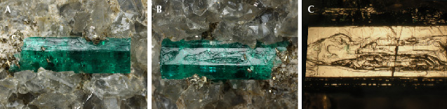 Figure 4. A and B: In sample 1 (11.8 mm in length), stepped surface structures on different prismatic m faces of a Colombian emerald crystal represent layered growth in subsequent growth steps. C: Best observation of such layered stepped growth structures is achieved in reflected light. Photos by G. Martayan (A and B) and K. Schmetzer (C; field of view 6.0 mm).