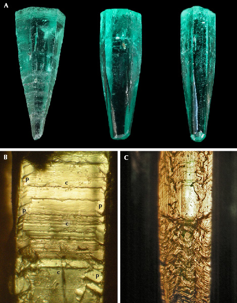 Figure 8. A: Emerald crystals with pyramidal or partly pyramidal habit: sample 5 (left, 10.0 mm in length), sample 7 (center, 8.8 mm in length), and sample 6 (right, 8.8 mm in length). B: Surface texture of the pyramidal emerald crystal (sample 5) showing growth lines related to the basal pinacoid c (center) and pyramidal faces p (left and right). C: Complex surface texture of a partly pyramidal, partly prismatic crystal (sample 7) showing a complex pattern related to pyramidal faces (lower part) and to basal, pyramidal, and prism faces (upper part). The growth direction of the crystals shown in A–C is always from the bottom to the top. Photos by G. Martayan (A) and K. Schmetzer (B and C); fields of view 2.4 mm (B) and 2.4 mm (C).