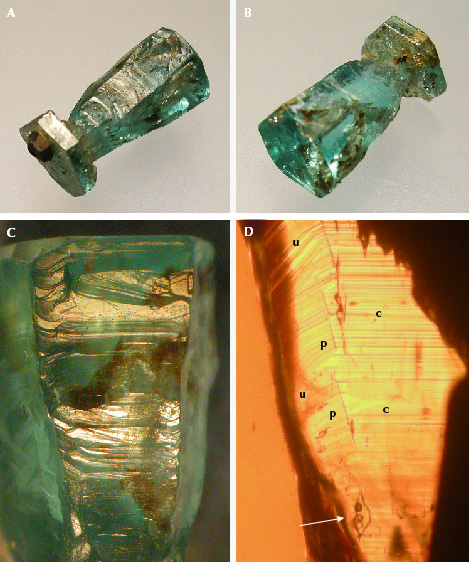 Figure 9. A and B: Sample 8 (9.8 mm in length), an emerald crystal with conical shape and a tabular part, with a pyrite crystal attached to the tabular part. C: Growth steps on the surface of the conical part of the crystal. D: Viewed in immersion, internal growth planes parallel to the basal face c and parallel to the hexagonal dipyramids p and u, as well as a three-phase inclusion with two salt cubes and one gas bubble in a liquid-filled cavity (arrow); the c-axis runs vertically. Photos by K. Schmetzer; fields of view 5.7 mm (C) and 2.2 mm (D).