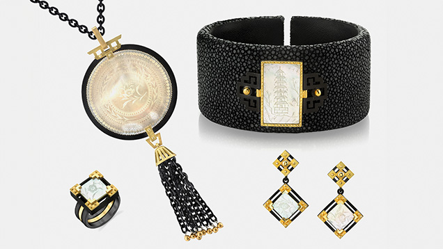 Figure 1. An 18K yellow gold and blackened sterling silver shagreen wide cuff bracelet, pendant, earrings, and ring set with antique mother-of-pearl gaming counters. Courtesy of Sarosi by Timeless Gems. Figure 1. An 18K yellow gold and blackened sterling silver shagreen wide cuff bracelet, pendant, earrings, and ring set with antique mother-of-pearl gaming counters. Courtesy of Sarosi by Timeless Gems.